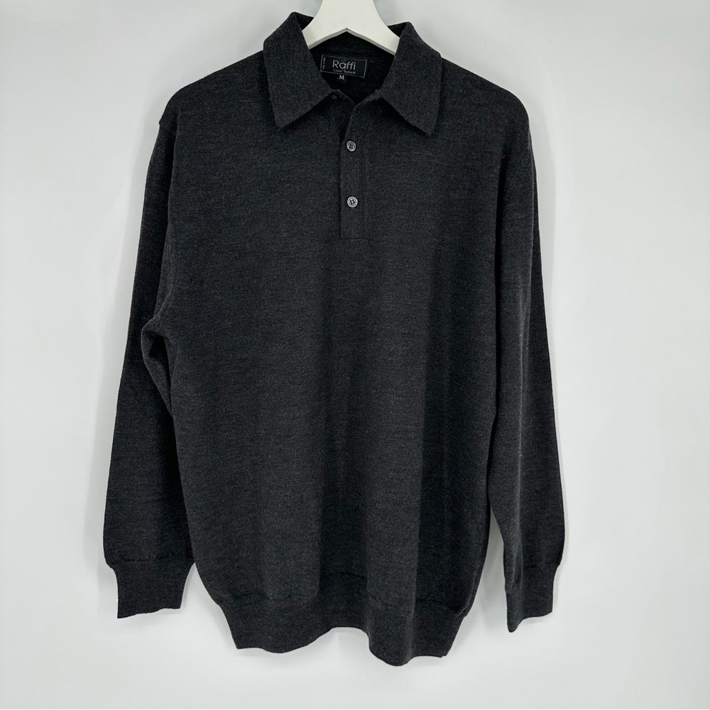 Raffi 100% Pure Wool Dark Grey Long Sleeve Sweater Polo Sz Medium